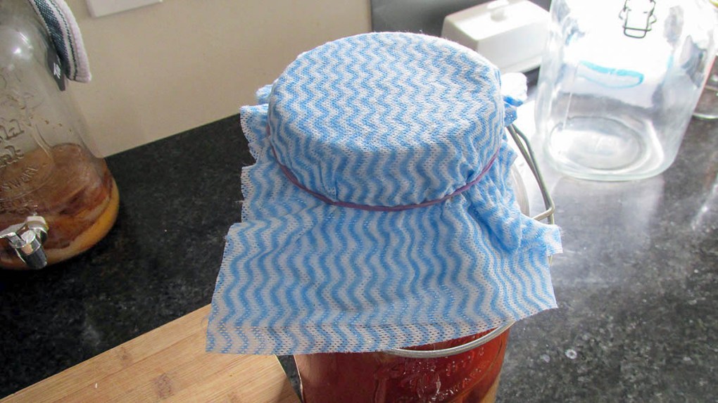 Cover the top of the jar with a clean cloth and secure the cloth with some string or an elastic band.