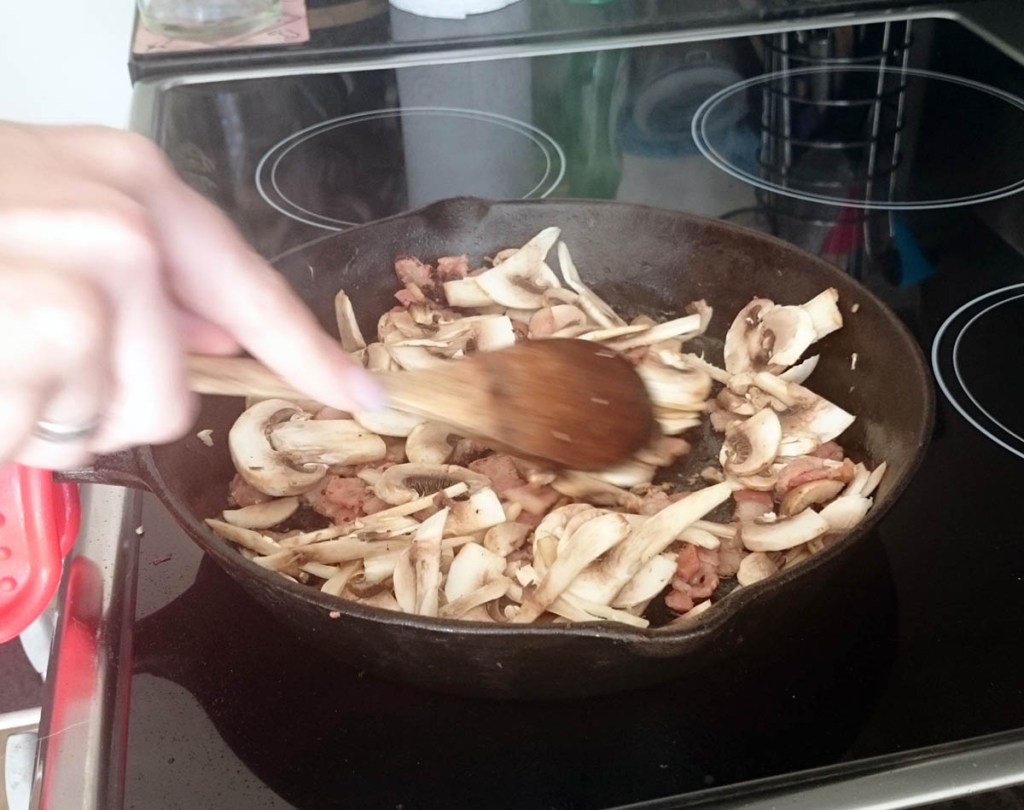 Add the mushrooms to the bacon