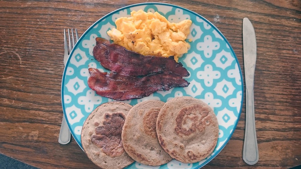 Paleo pancakes with bacon and eggs