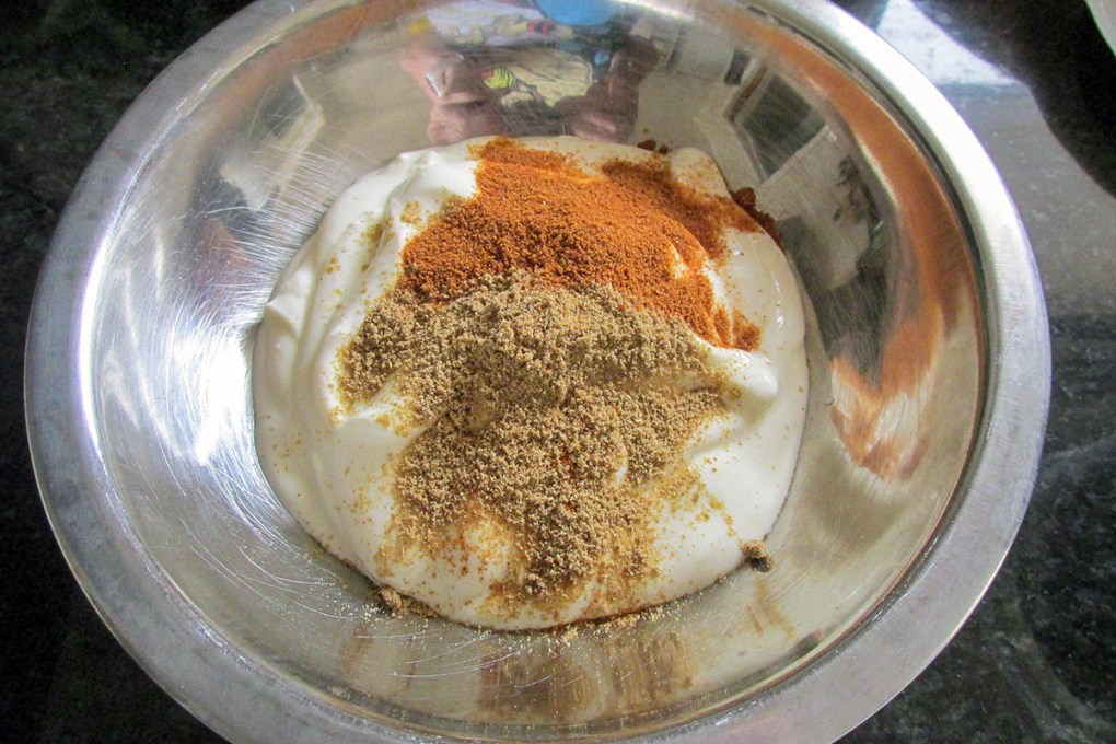 Add the yoghurt, chilli powder and ground coriander to a bowl.