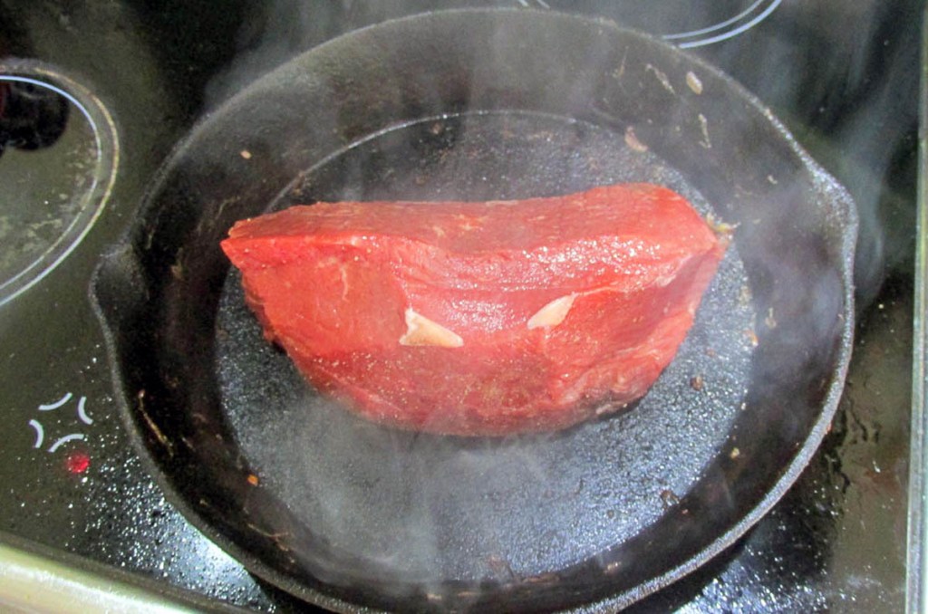 Sear the beef in the pan the onions were cooked in.