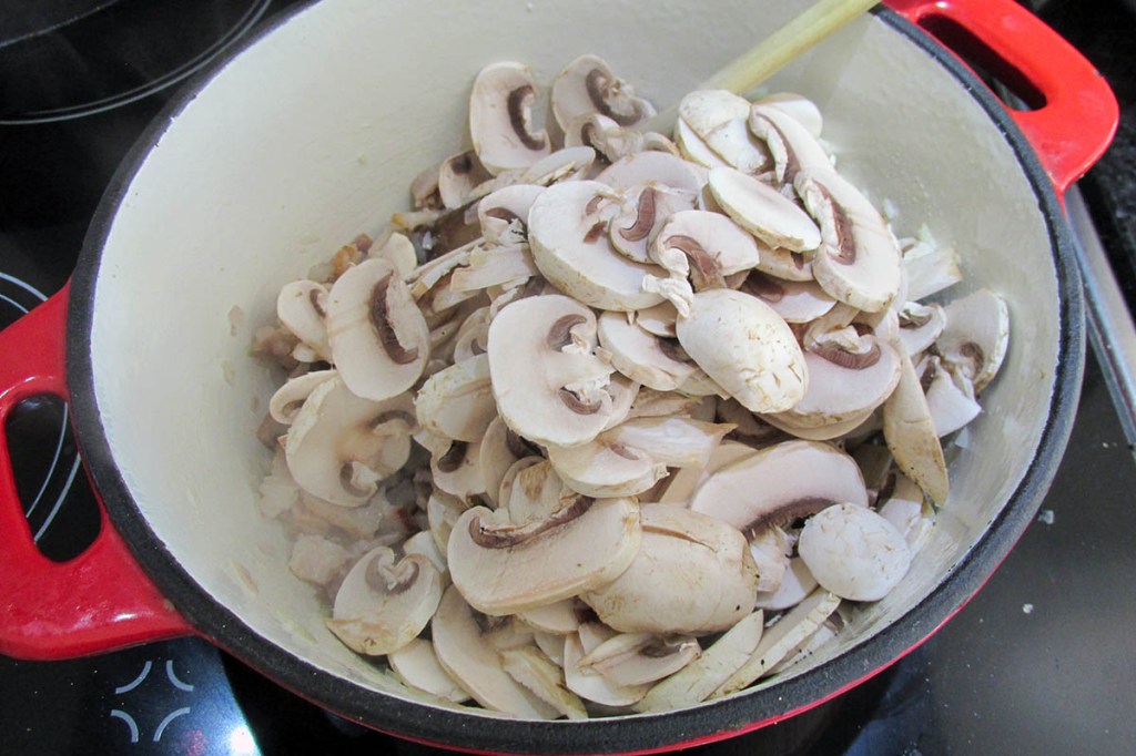 Add the mushrooms to the pan and cook for around 3 minutes.