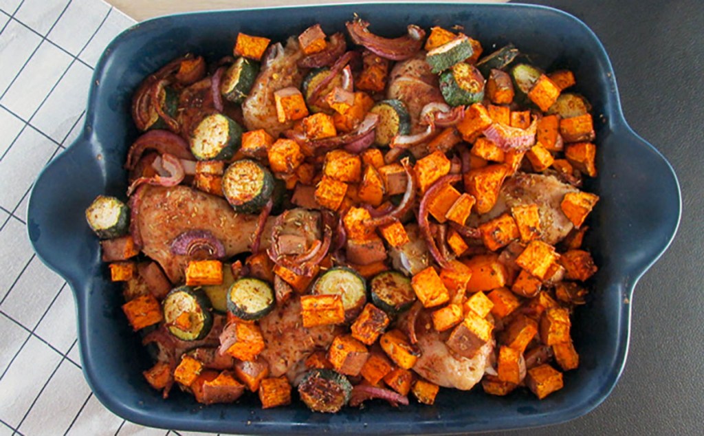 One tray roast chicken fresh from the oven