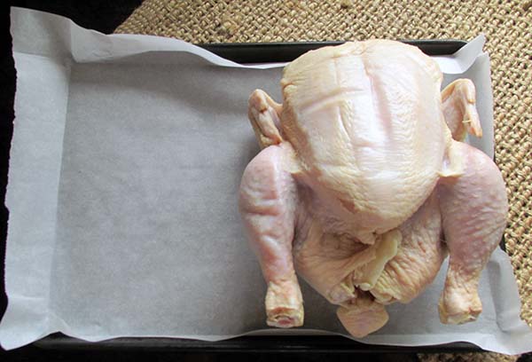 Lay the chicken on top of the garlic.