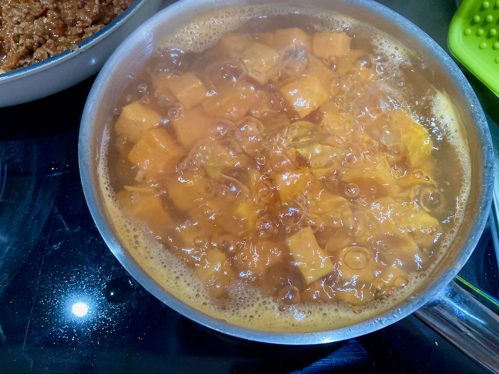 Boil the sweet potatoes until they are soft