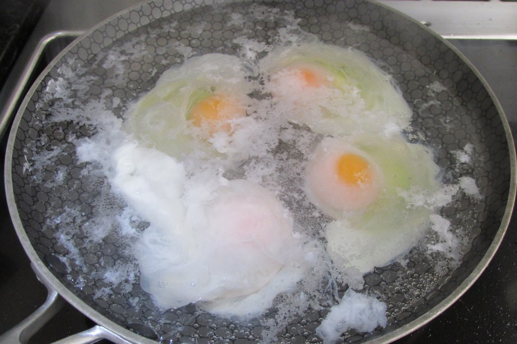 Crack all the eggs you want into the water.